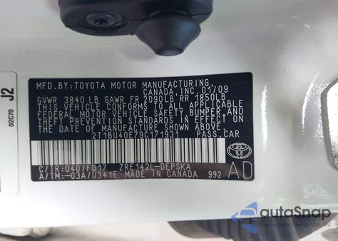 2009 Toyota Corolla S from USA, damaged, VIN 2T1BU40E79C171931